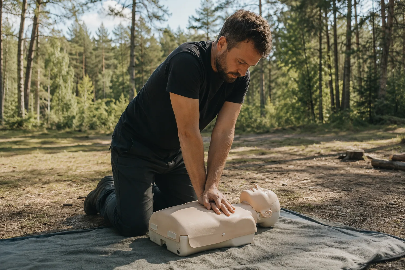 Herzdruckmassage an einer Reanimationspuppe während eines Basic-Life-Support-Trainings im Freien