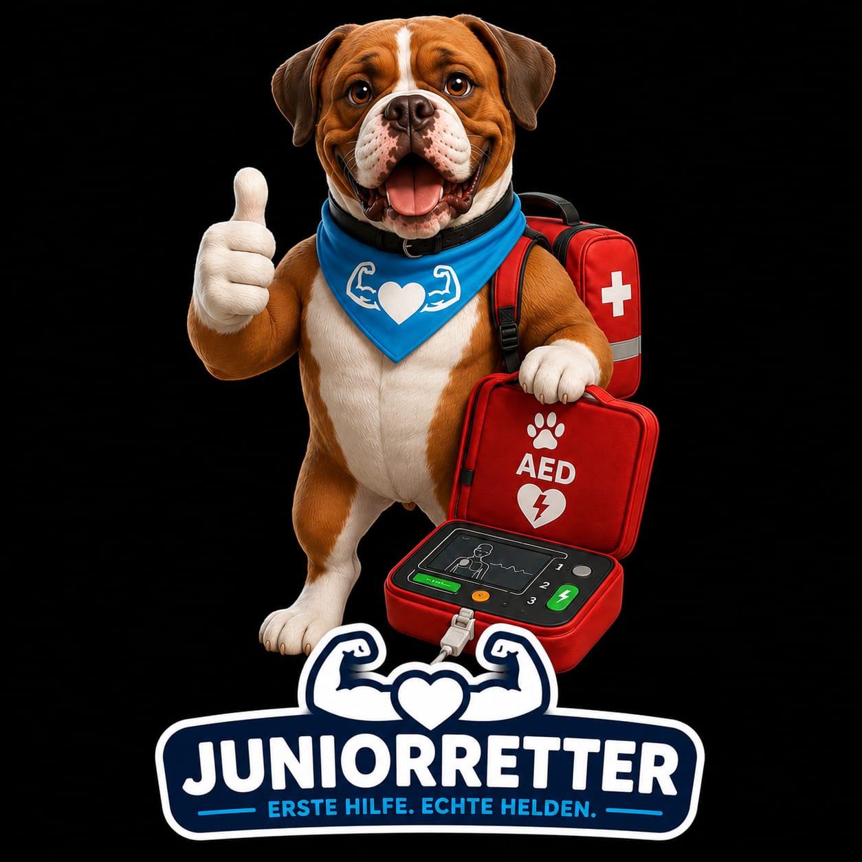 Kurslogo Juniorretter mit dem Maskottchen und Erste-Hilfe-Tasche